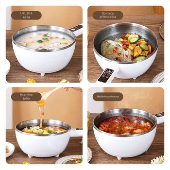Višefunkcionalni električni wok i hot pot – sve-u-jednom loncu s LCD zaslonom, kapacitet 4–5 L, snaga 1000–1350 W, unutarnja posuda od aluminijske legure s nepri­ljanjajućim premazom, para, prženje, kuhanje i dinstanje.
