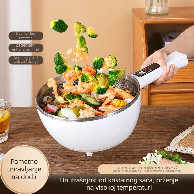 Višefunkcionalni električni wok i hot pot – sve-u-jednom loncu s LCD zaslonom, kapacitet 4–5 L, snaga 1000–1350 W, unutarnja posuda od aluminijske legure s nepri­ljanjajućim premazom, para, prženje, kuhanje i dinstanje.