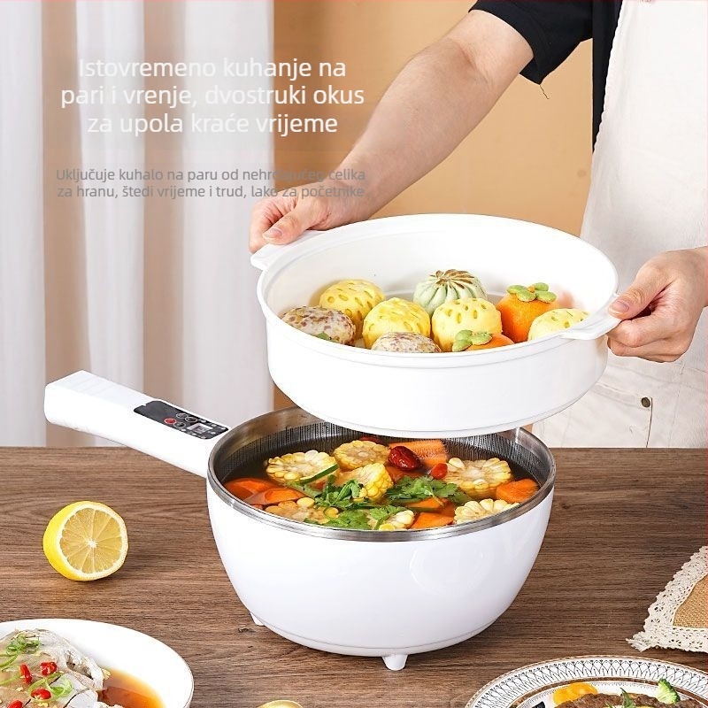 Višefunkcionalni električni wok i hot pot – sve-u-jednom loncu s LCD zaslonom, kapacitet 4–5 L, snaga 1000–1350 W, unutarnja posuda od aluminijske legure s nepri­ljanjajućim premazom, para, prženje, kuhanje i dinstanje.