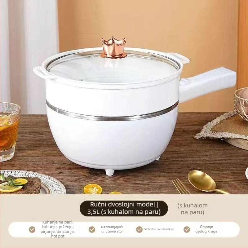 Višefunkcionalni električni wok i hot pot – sve-u-jednom loncu s LCD zaslonom, kapacitet 4–5 L, snaga 1000–1350 W, unutarnja posuda od aluminijske legure s nepri­ljanjajućim premazom, para, prženje, kuhanje i dinstanje.