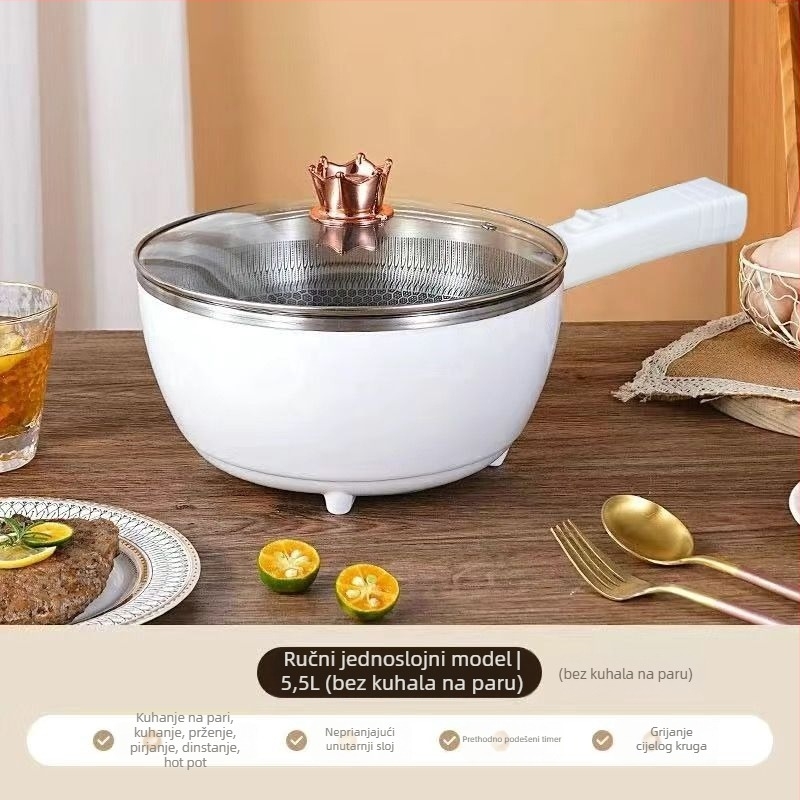 Višefunkcionalni električni wok i hot pot – sve-u-jednom loncu s LCD zaslonom, kapacitet 4–5 L, snaga 1000–1350 W, unutarnja posuda od aluminijske legure s nepri­ljanjajućim premazom, para, prženje, kuhanje i dinstanje.
