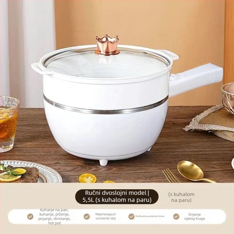 Višefunkcionalni električni wok i hot pot – sve-u-jednom loncu s LCD zaslonom, kapacitet 4–5 L, snaga 1000–1350 W, unutarnja posuda od aluminijske legure s nepri­ljanjajućim premazom, para, prženje, kuhanje i dinstanje.