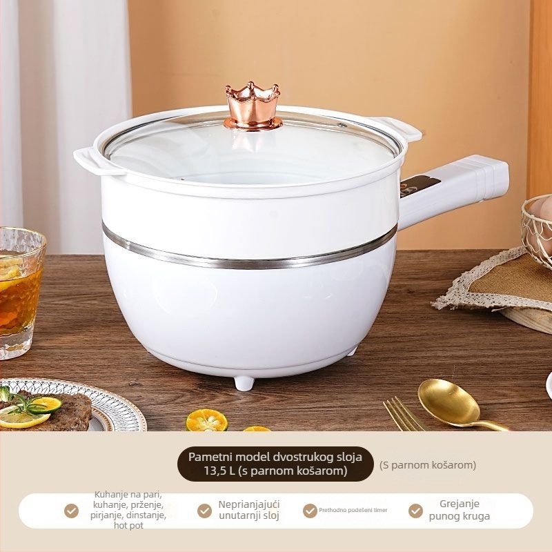 Višefunkcionalni električni wok i hot pot – sve-u-jednom loncu s LCD zaslonom, kapacitet 4–5 L, snaga 1000–1350 W, unutarnja posuda od aluminijske legure s nepri­ljanjajućim premazom, para, prženje, kuhanje i dinstanje.