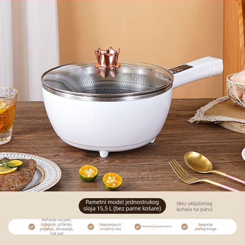 Višefunkcionalni električni wok i hot pot – sve-u-jednom loncu s LCD zaslonom, kapacitet 4–5 L, snaga 1000–1350 W, unutarnja posuda od aluminijske legure s nepri­ljanjajućim premazom, para, prženje, kuhanje i dinstanje.