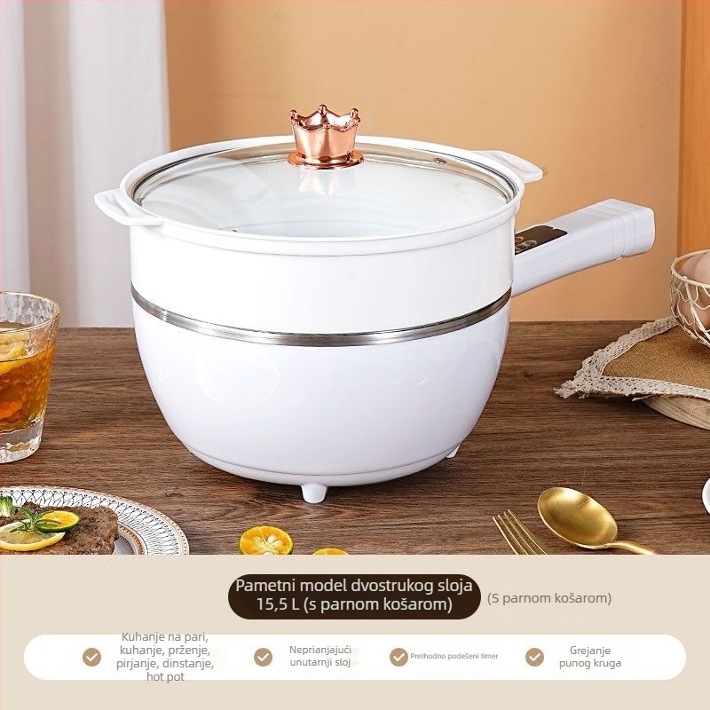 Višefunkcionalni električni wok i hot pot – sve-u-jednom loncu s LCD zaslonom, kapacitet 4–5 L, snaga 1000–1350 W, unutarnja posuda od aluminijske legure s nepri­ljanjajućim premazom, para, prženje, kuhanje i dinstanje.