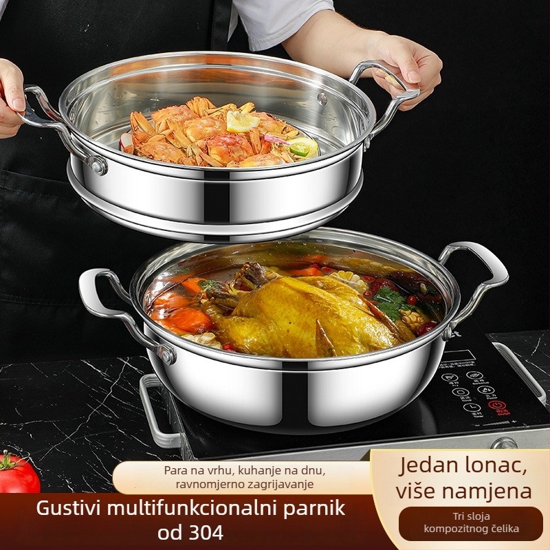 304 nehrđajući čelik, posuda za paru i juhe, dvostruka konstrukcija s dvostrukim dnom, dubina 8–9 cm, kompatibilna sa svim štednjacima