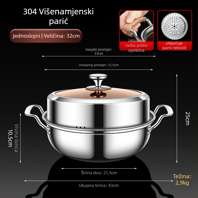 304 nehrđajući čelik, posuda za paru i juhe, dvostruka konstrukcija s dvostrukim dnom, dubina 8–9 cm, kompatibilna sa svim štednjacima
