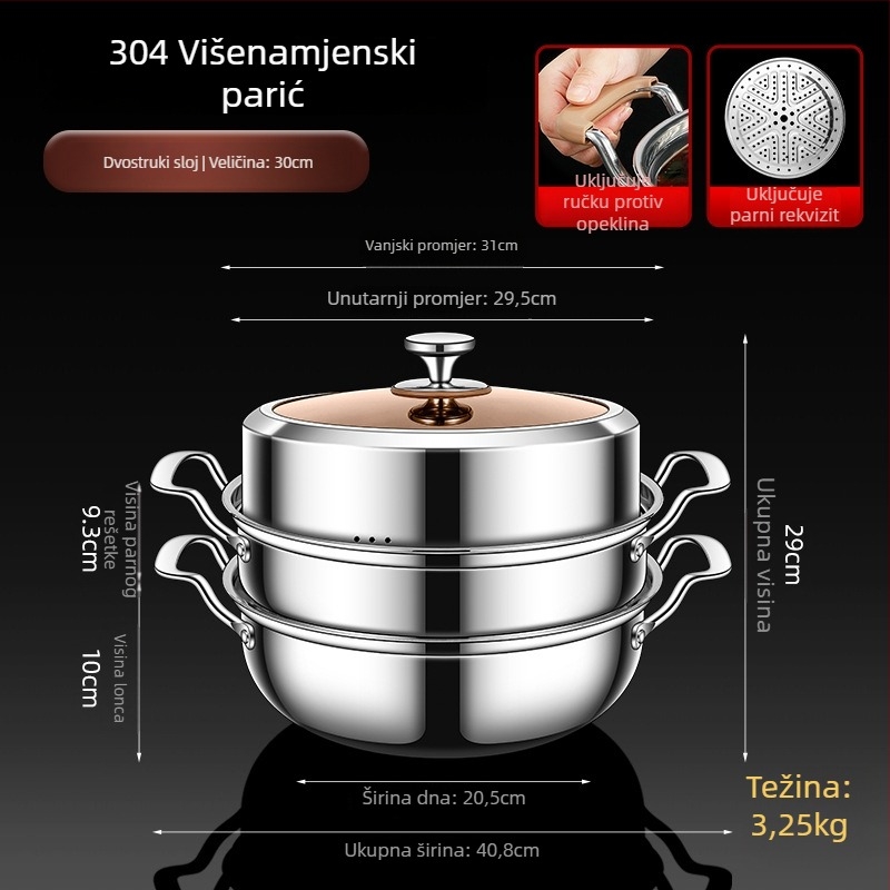 304 nehrđajući čelik, posuda za paru i juhe, dvostruka konstrukcija s dvostrukim dnom, dubina 8–9 cm, kompatibilna sa svim štednjacima