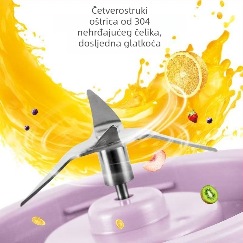 Prijenosni električni cijeđivač za kućnu upotrebu, brzina 18001–20000 rpm, četiri oštrice, unutarnji spremnik od PC prehrambene plastike, ugrađena baterija