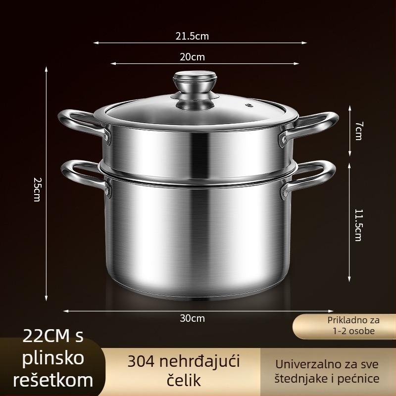Parni lonac od 304 nehrđajućeg čelika, dvije etaže, debelo dno, stakleni poklopac, kompatibilan s indukcijskim štednjakom