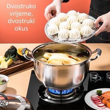 Nerđajući čelični dvostupanjski parni lonac s integriranim košem za paru; dno 304, tijelo 201; kompatibilan s indukcijom i plinskom pločom