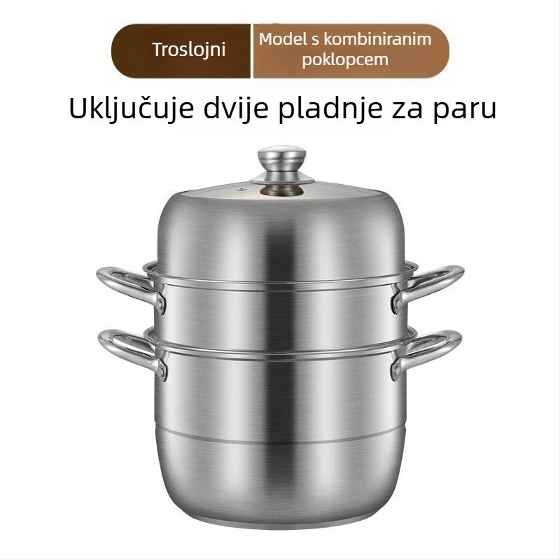 Set parnog posuđa od 304 nehrđajućeg čelika, 3 sloja, europskog stila za kućnu uporabu, poklopac od stakla i nehrđajućeg čelika
