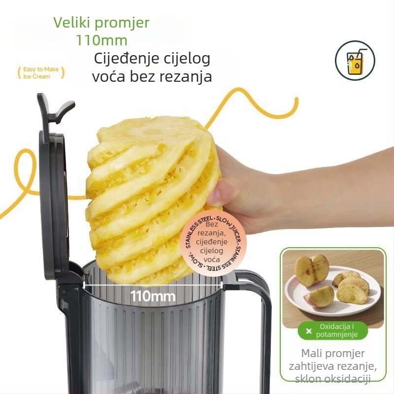 Sapphire kućni sokovnik — ABS kućište, do 200 W, maksimalni prinos soka 401–600 ml, maksimalna brzina 12 000 rpm, posuda za pulpu do 500 ml