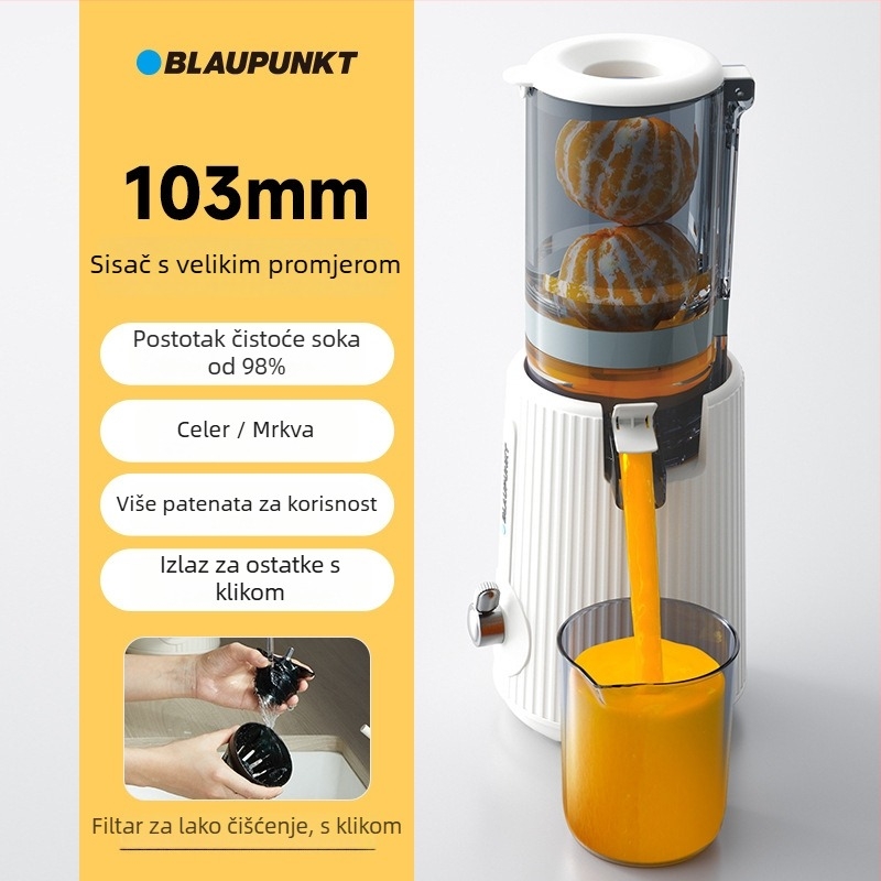 Sapphire kućni sokovnik — ABS kućište, do 200 W, maksimalni prinos soka 401–600 ml, maksimalna brzina 12 000 rpm, posuda za pulpu do 500 ml