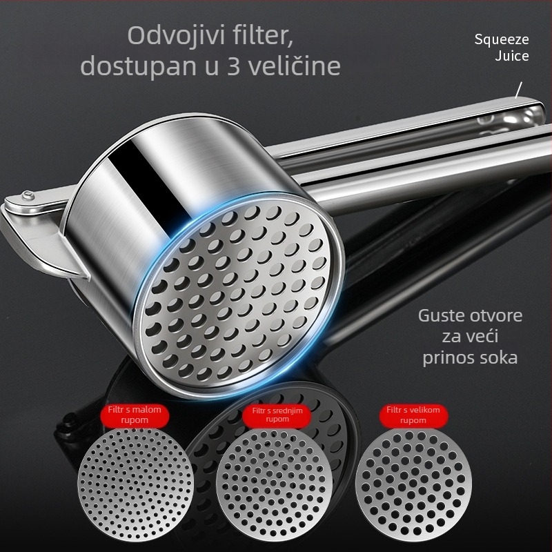 Chef ručni cijeđalica za limun, nar i povrće — aluminijska legura + 430 nehrđajući čelik; moderan minimalistički stil; nije električno.