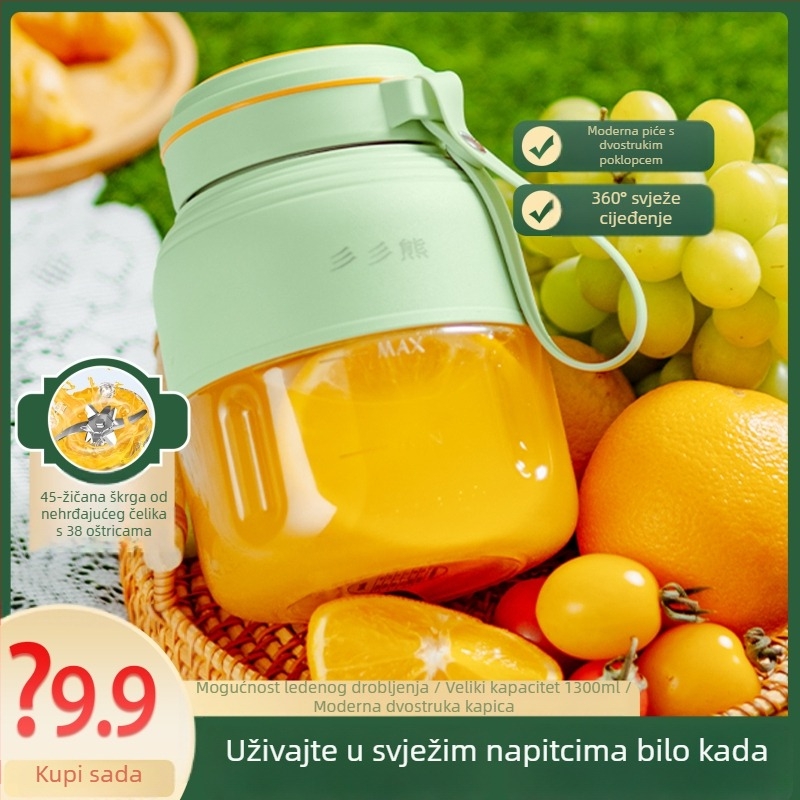 Prenosni sokovnik s kapacitetom 1300 ml, ugrađena punjiva baterija, unutarnji spremnik od nehrđajućeg čelika, sustav s 5+ noževa, snaga 40 W