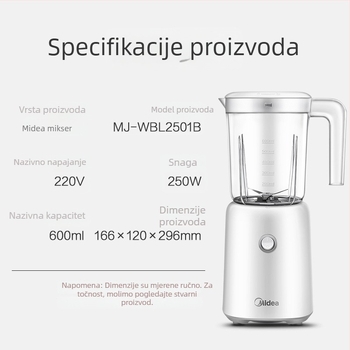 Midea WBL2501B pametni sokovnik i mlježač za hranu za bebe, 250W, 0,6 L, do 12.000 rpm, glava s četiri oštrice, unutarnja posuda od borosilikatnog stakla
