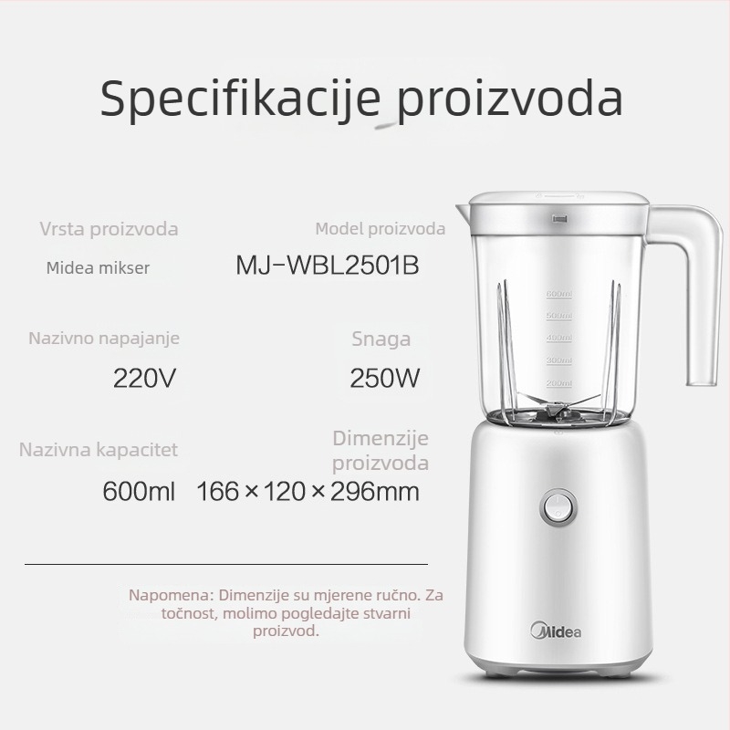 Midea WBL2501B pametni sokovnik i mlježač za hranu za bebe, 250W, 0,6 L, do 12.000 rpm, glava s četiri oštrice, unutarnja posuda od borosilikatnog stakla