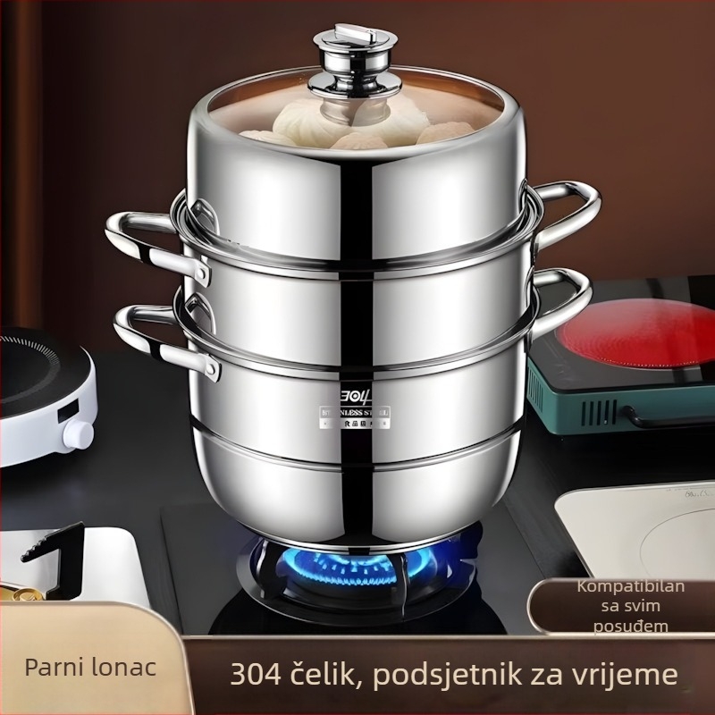 Parni lonac od 304 nehrđajućeg čelika, novog dizajna, trostruki sloj, višenamjenski kućni parni lonac, kompatibilan s indukcijskim pločama i plinskim štednjacima