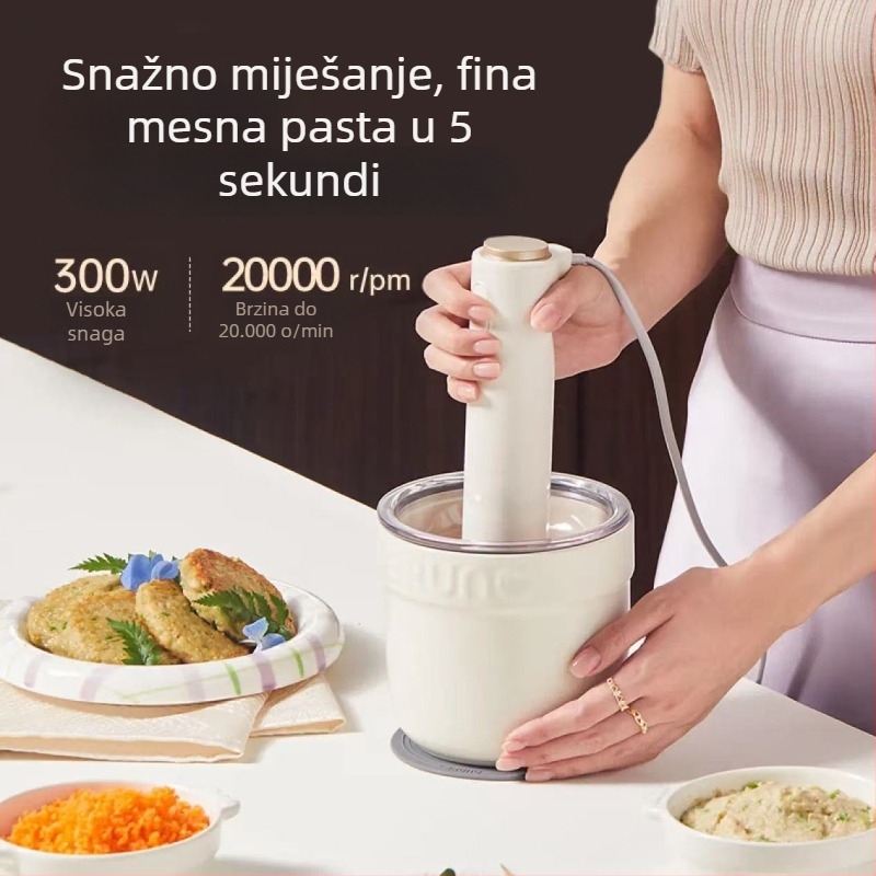 BRUNO mlin za meso i povrće – sjeckanje i rezanje, mljeveno meso i povrće, mućenje tekućine od jaja; kapacitet 1–3 L; 3 brzine; napajanje 111–240 V; 10000–19999 ot/min; staklena posuda; 4 oštrice.