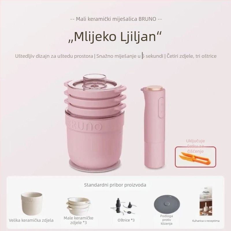 BRUNO mlin za meso i povrće – sjeckanje i rezanje, mljeveno meso i povrće, mućenje tekućine od jaja; kapacitet 1–3 L; 3 brzine; napajanje 111–240 V; 10000–19999 ot/min; staklena posuda; 4 oštrice.