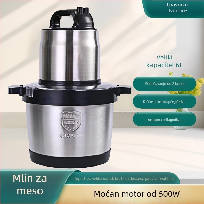 Komerna mesomeljača i stroj za mljevenje mesa, nehrđajući čelik kućište, kapacitet 5–10 l, brzina motora >40 000 o/min, napajanje 111–240 V, 4 oštrice, dodirni upravljač