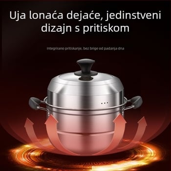 Parni lonac od nehrđajućeg čelika, višeslojni, za kućnu upotrebu; kompatibilan s indukcijskim štednjakom i plinskim štednjakom; stakleni poklop; prehrambene kvalitete i otporan na hrđanje; 2–3 razine