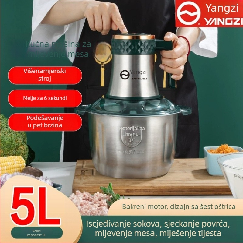 Xidao aparat za mljevenje mesa, kapacitet 5 L, 5 brzina, 6 oštrica, višenamjenski za meso i povrće, pogodan za mijesanje tijesta