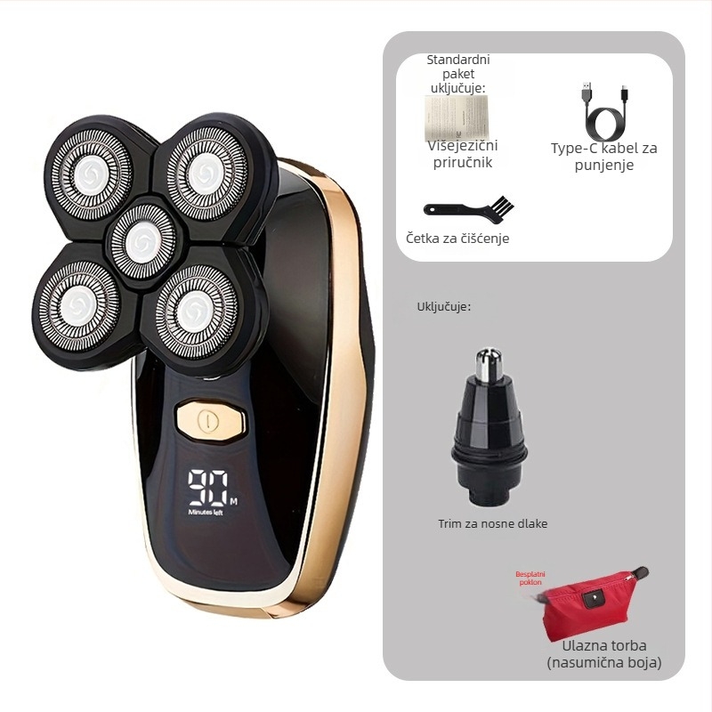 Električni brijač za golu glavu – Punjivi, vodootporan, oštrice od nehrđajućeg čelika, ugrađena baterija, trajanje baterije 3-6 sati