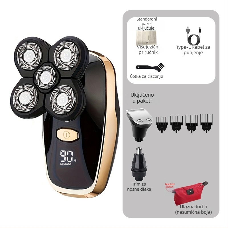 Električni brijač za golu glavu – Punjivi, vodootporan, oštrice od nehrđajućeg čelika, ugrađena baterija, trajanje baterije 3-6 sati