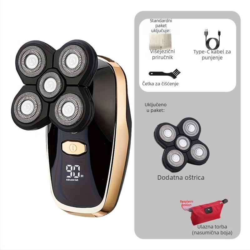 Električni brijač za golu glavu – Punjivi, vodootporan, oštrice od nehrđajućeg čelika, ugrađena baterija, trajanje baterije 3-6 sati