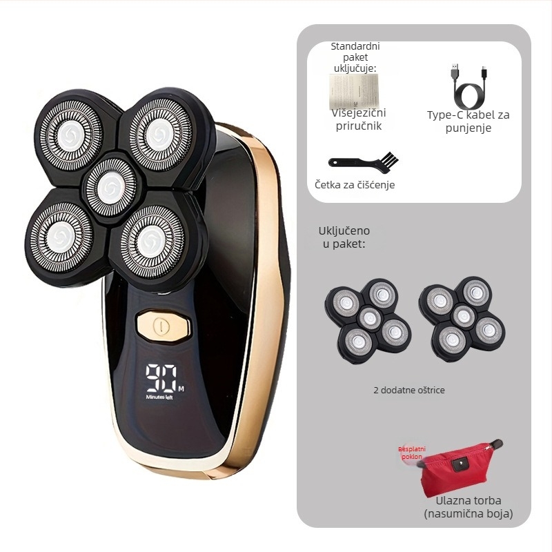 Električni brijač za golu glavu – Punjivi, vodootporan, oštrice od nehrđajućeg čelika, ugrađena baterija, trajanje baterije 3-6 sati