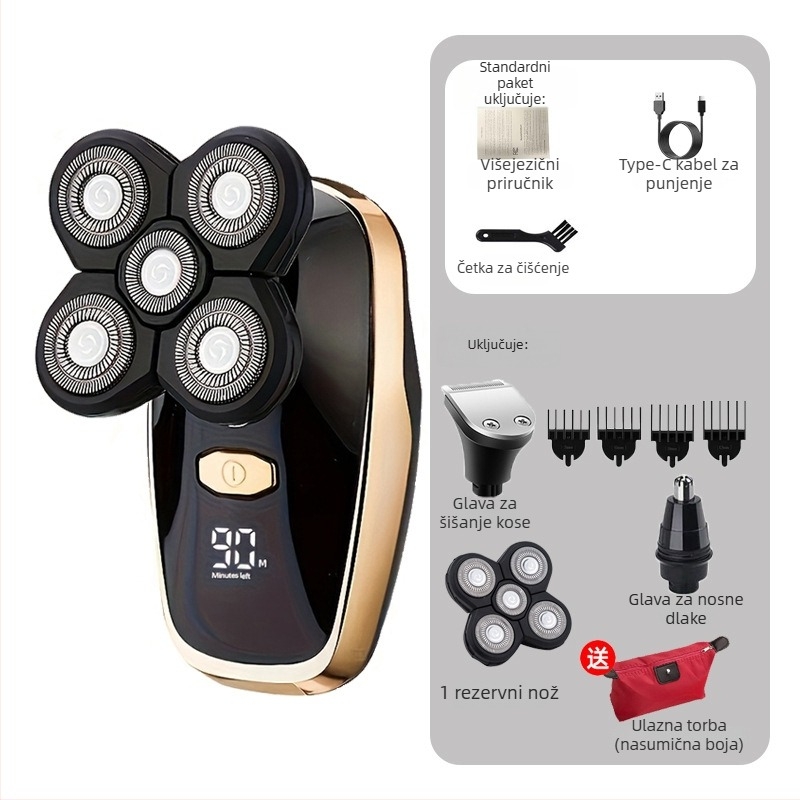 Električni brijač za golu glavu – Punjivi, vodootporan, oštrice od nehrđajućeg čelika, ugrađena baterija, trajanje baterije 3-6 sati