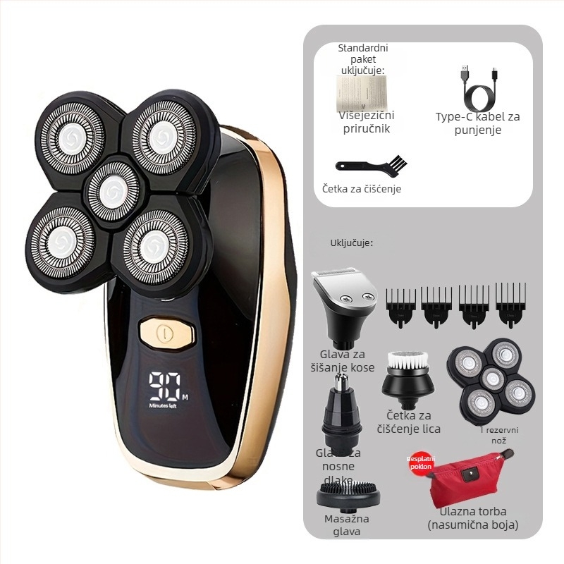 Električni brijač za golu glavu – Punjivi, vodootporan, oštrice od nehrđajućeg čelika, ugrađena baterija, trajanje baterije 3-6 sati