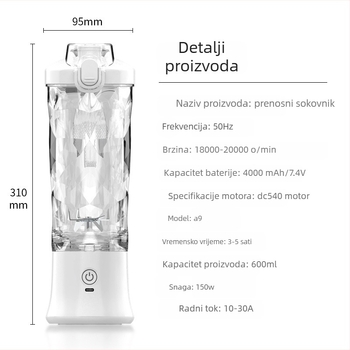 Prijenosni sokovnik i blender za led s baterijom, kapacitet 600-800 ml, 150 W motor, do 22,000 rpm, automatsko čišćenje