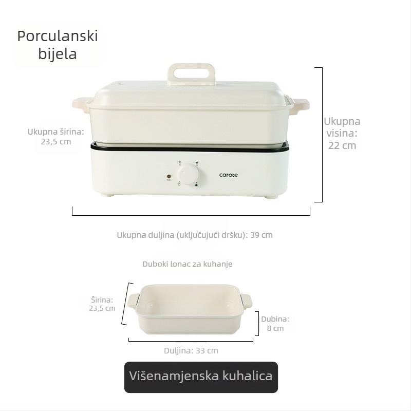 Električna višenamjenska posuda za kuhanje s parom, prženjem, kuhanjem i vrućim loncem — 1500W, 220V, metalno kućište, unutarnja dubina 7 cm, unutarnji spremnik od legure