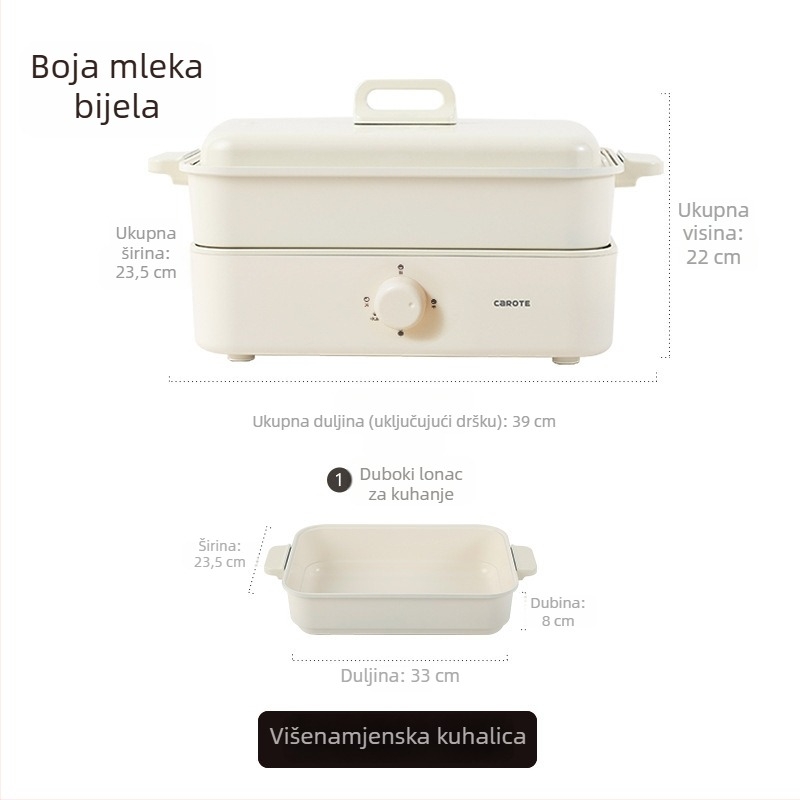 Električna višenamjenska posuda za kuhanje s parom, prženjem, kuhanjem i vrućim loncem — 1500W, 220V, metalno kućište, unutarnja dubina 7 cm, unutarnji spremnik od legure