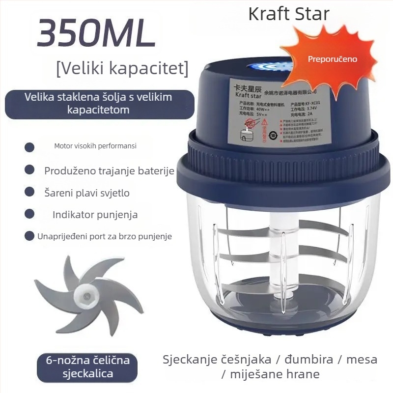 Kraft Stars Bežični električni mljevnjak češnjaka s 6+ oštrica, >40 000 rpm, kapacitet ispod 1 L, daljinsko upravljanje