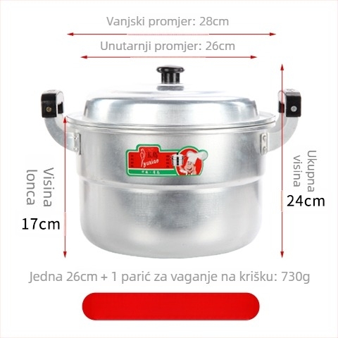 Aluminijski dvostruki posuda za paru, s jednim dnom, pogodan za sve štednjake