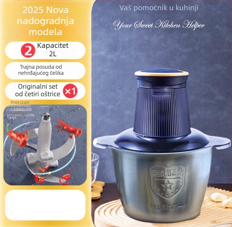 Domaći mlin za meso 2,5 L — potpuno automatiziran, višenamjenski, s 4 oštrice i staklenom posudom, 2. brzina