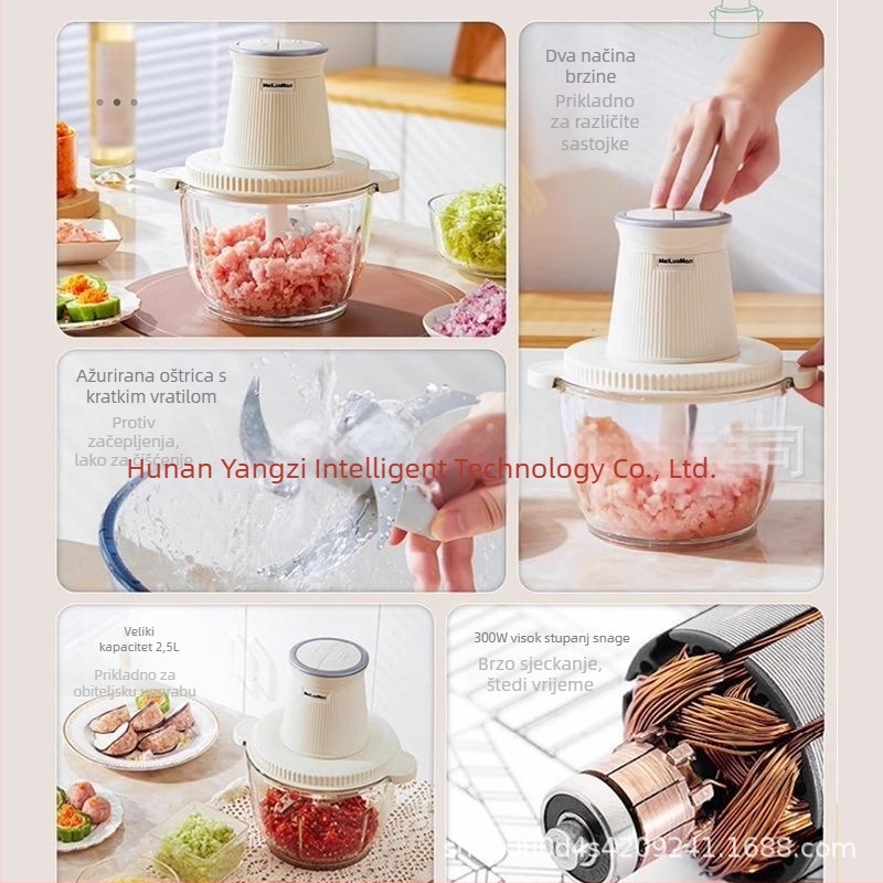 Domaći mlin za meso 2,5 L — potpuno automatiziran, višenamjenski, s 4 oštrice i staklenom posudom, 2. brzina