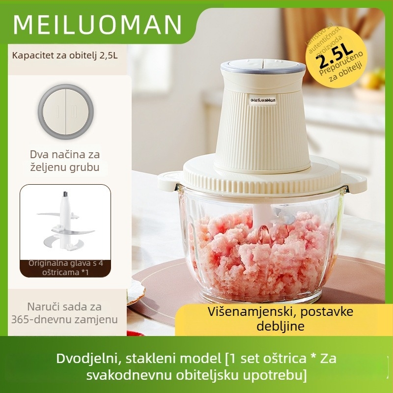 Domaći mlin za meso 2,5 L — potpuno automatiziran, višenamjenski, s 4 oštrice i staklenom posudom, 2. brzina