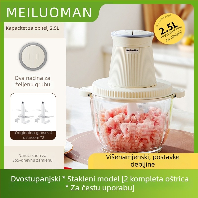 Domaći mlin za meso 2,5 L — potpuno automatiziran, višenamjenski, s 4 oštrice i staklenom posudom, 2. brzina