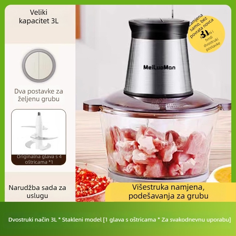 Domaći mlin za meso 2,5 L — potpuno automatiziran, višenamjenski, s 4 oštrice i staklenom posudom, 2. brzina