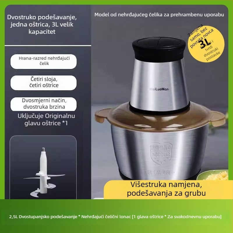 Domaći mlin za meso 2,5 L — potpuno automatiziran, višenamjenski, s 4 oštrice i staklenom posudom, 2. brzina