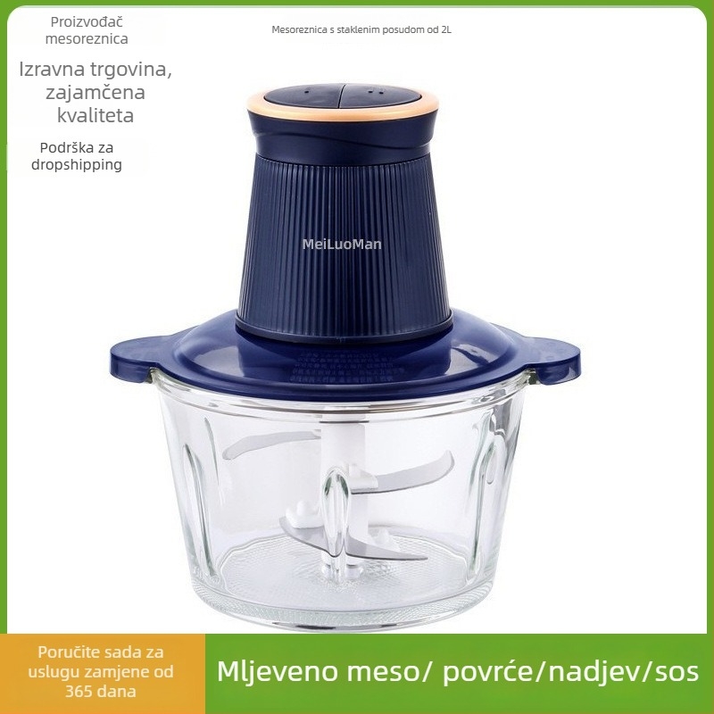 Domaći mlin za meso 2,5 L — potpuno automatiziran, višenamjenski, s 4 oštrice i staklenom posudom, 2. brzina