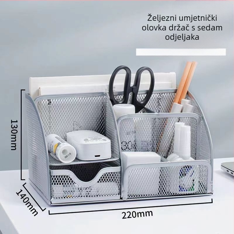 Metalni držač olovaka, multifunkcionalnih sedam odjeljaka, kvadratnog oblika, bez logotipa