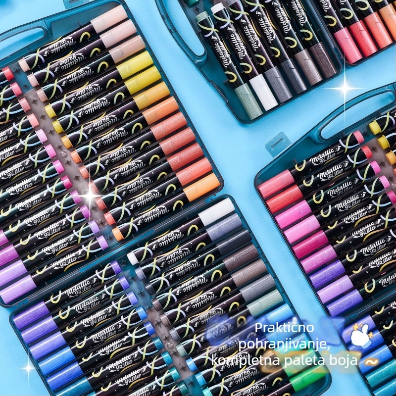 Glitter marker s trokutastim dizajnom i jednim vrhom, veliki kapacitet, perlasti završetak; plastično kućište; mogućnost prilagodbe.