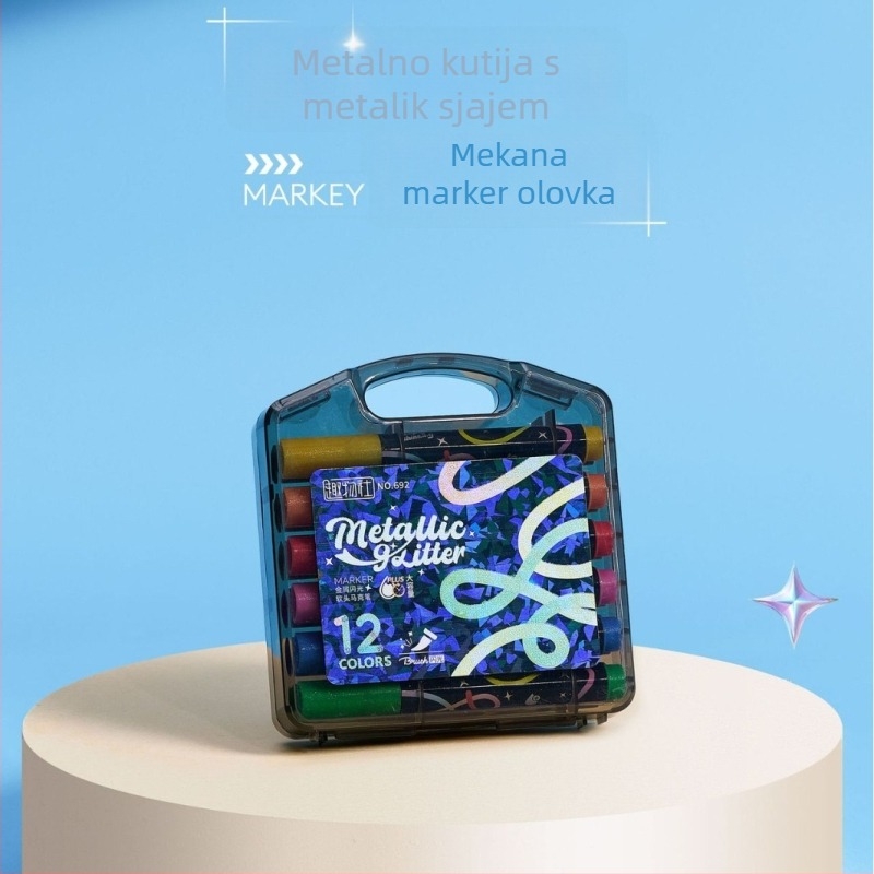Glitter marker s trokutastim dizajnom i jednim vrhom, veliki kapacitet, perlasti završetak; plastično kućište; mogućnost prilagodbe.