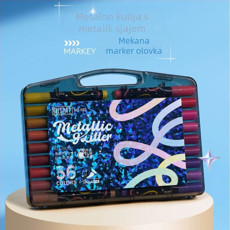 Glitter marker s trokutastim dizajnom i jednim vrhom, veliki kapacitet, perlasti završetak; plastično kućište; mogućnost prilagodbe.